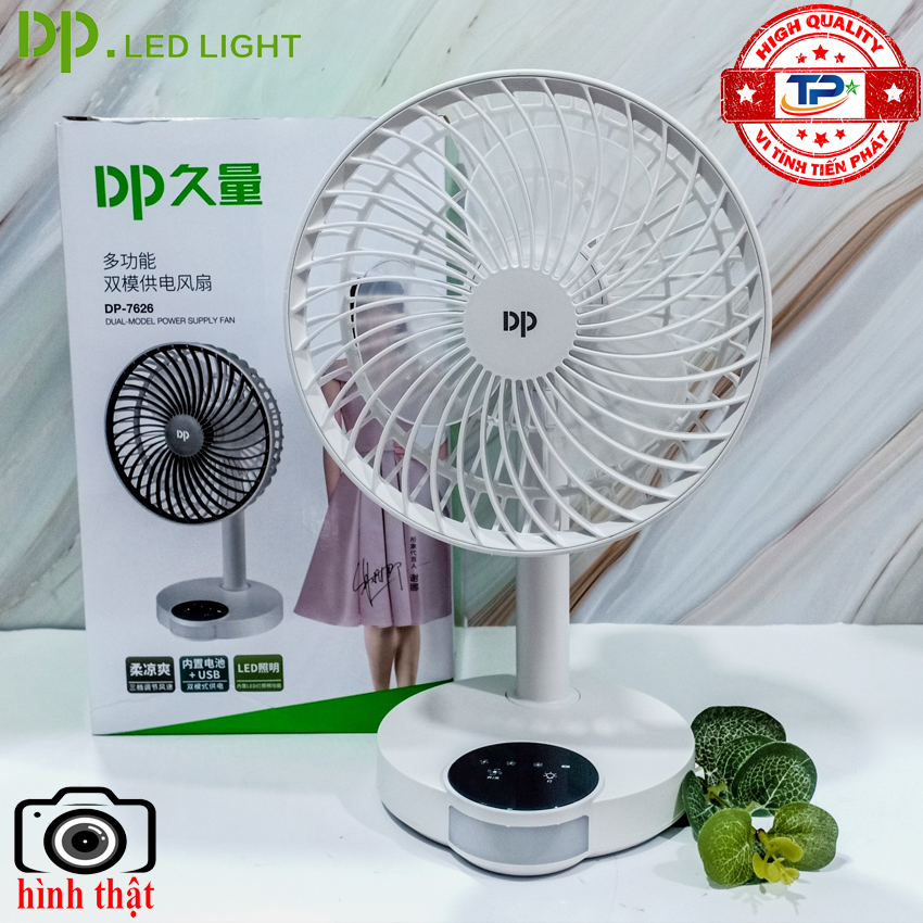 Quạt sạc tích điện DP DP-7626 tích hợp đèn LED chiếu sáng - loại quạt trung gió rất mạnh với nút bấm cảm ứng
