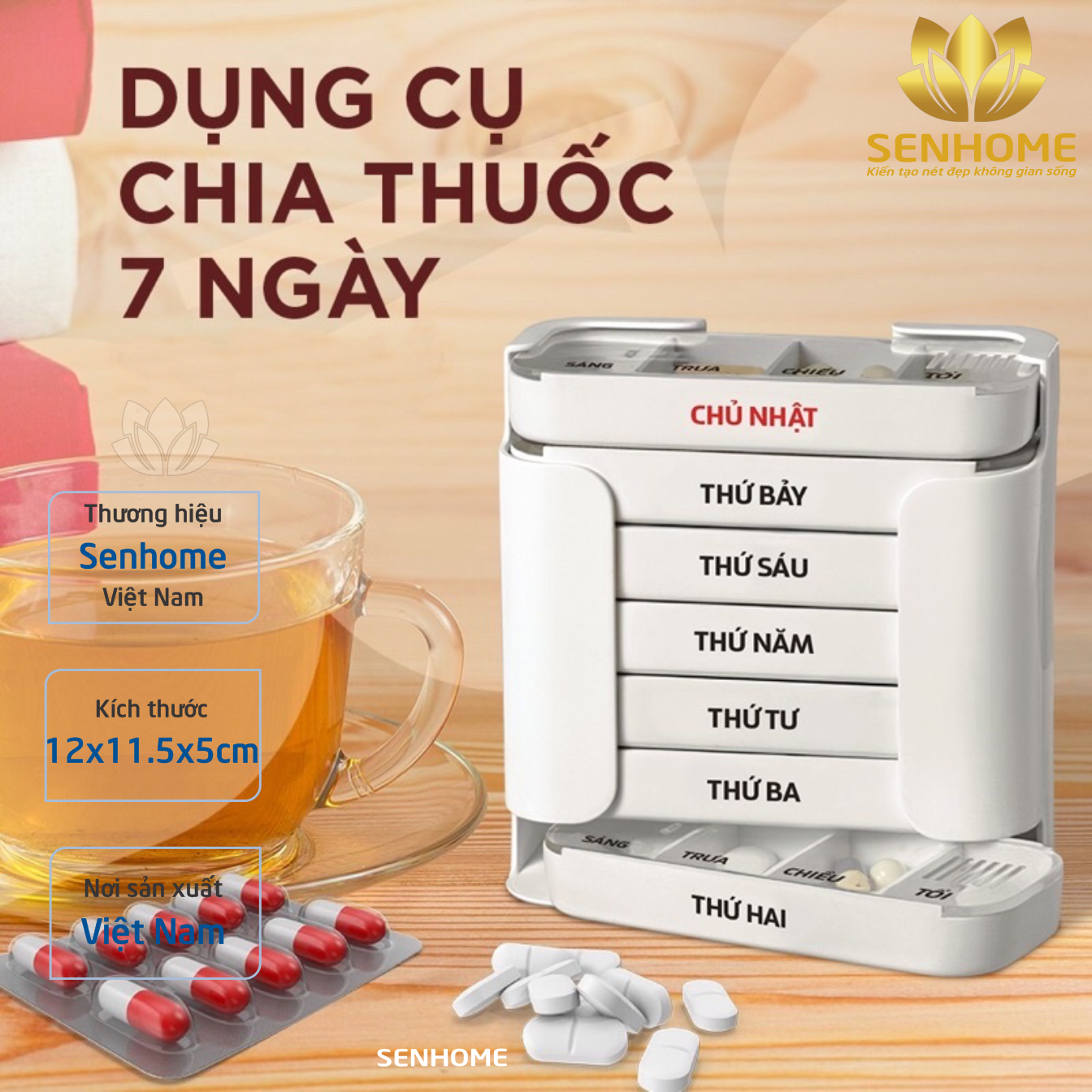 Hộp Chia Thuốc 7 Ngày Tiện Lợi SENHOME, Hộp Đựng Thuốc Viên 7 Ngày Xách Tay Tiện Lợi Khi Mang Theo, Phiên Bản Tiếng Việt Dễ Dàng Sử Dụng