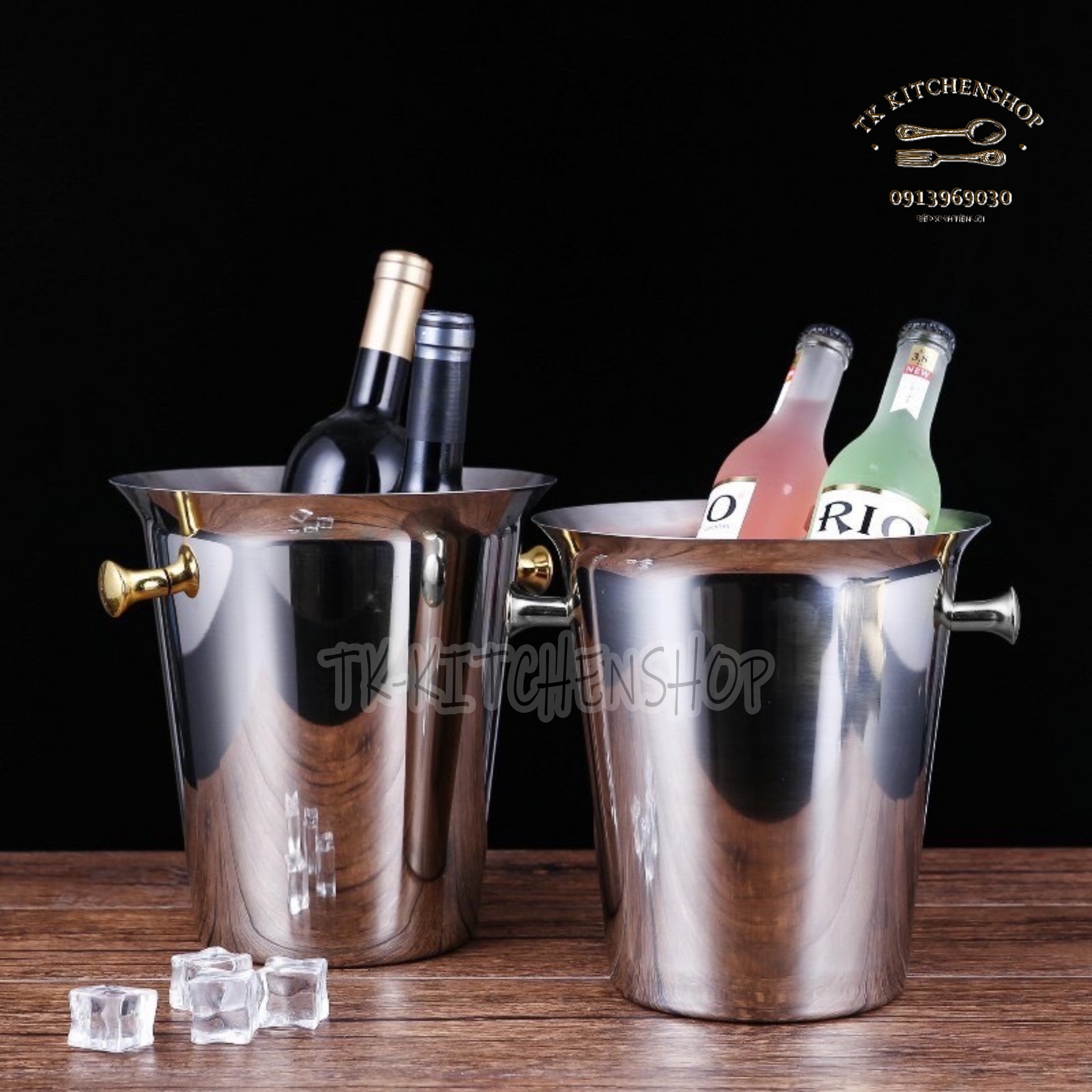 Xô đá inox, xô ngâm rượu, ướp lạnh bia rượu ,miệng loe quai trắng, quai vàng dung tích 5L