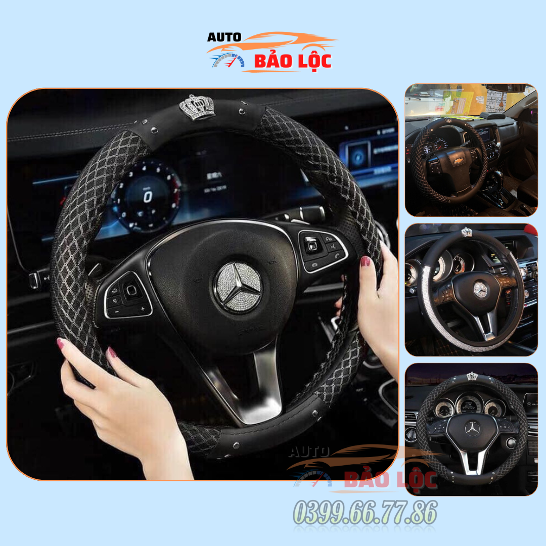 Bọc vô lăng ô tô đính đá Cao Cấp gắn Vương Miện Cao Cấp