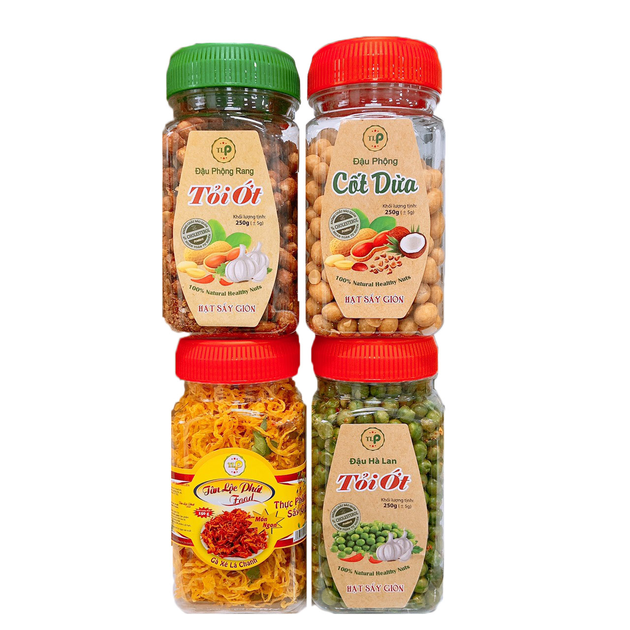 Khô gà 150g-đậu phộng tỏi 250g-đậu cốt dừa 250g-đậu hà lan tỏi 250g