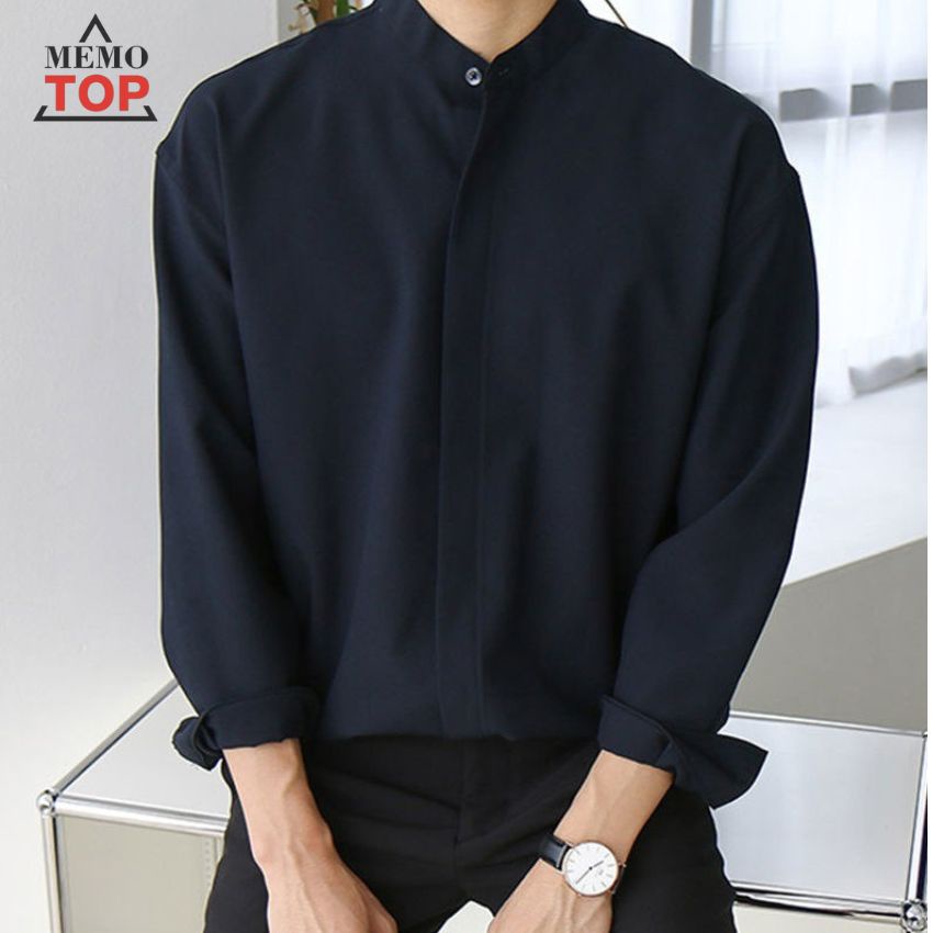 Áo sơ mi nam form rộng dài tay hàn quốc cổ trụ giấu cúc chất lụa mát chống nhăn trắng đen đẹp MEMOTOP MM24