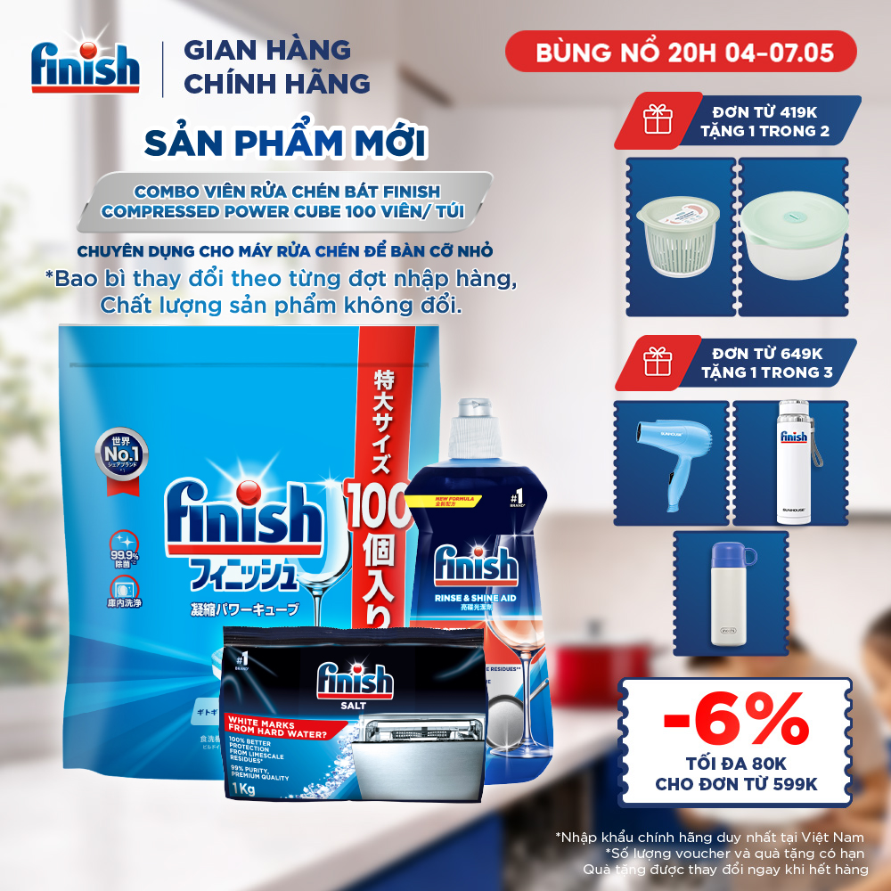 Combo Finish: Viên Rửa Chén Finish Nhật Bản Power Cube 100 Viên + Nước làm bóng Finish 500ml + Muối rửa chén 1kg