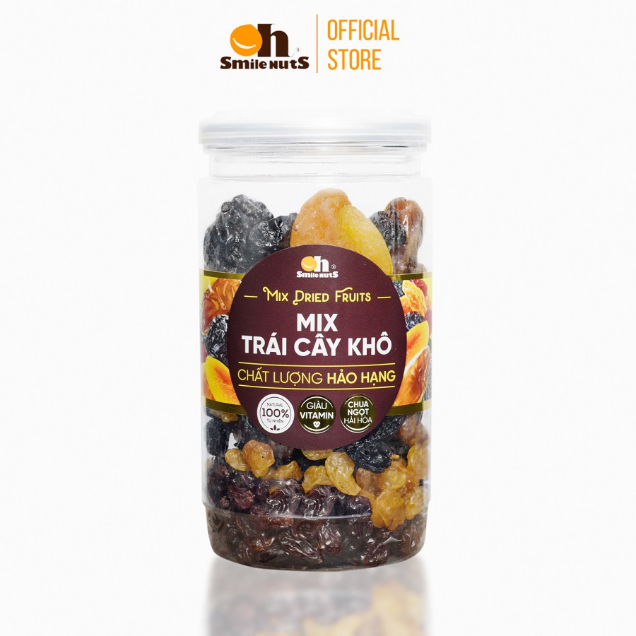 Mix Trái Cây Khô nhập khẩu Smilnuts hộp 500g _ Gồm Chà Là Tunisia, Nho Khô Đỏ Chile, Mận Khô Chile, Mơ Vàng Thổ Nhĩ Kỳ, Nho Khô Vàng và Nho Đen Chile _ Chua - ngọt, mềm - dẻo, kết hợp đa dạng từ các loại trái cây khô trên thế giới