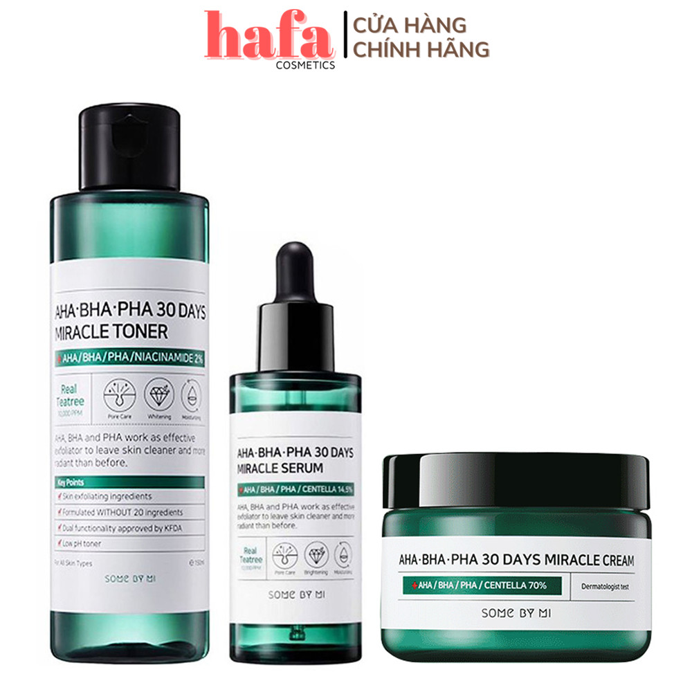 Bộ 3 Sản Phẩm Làm Giảm Mụn, Ngừa Thâm Chiết Xuất Tràm Trà Some By Mi AHA-BHA-PHA 30 Days Miracle (Toner + Serum + Cream) _ Some By Mi Chính Hãng