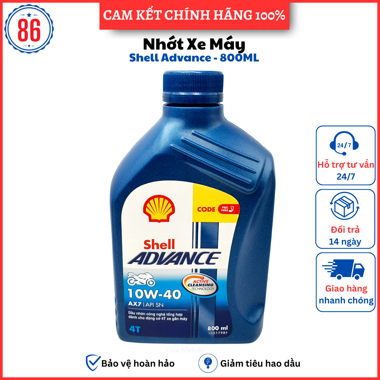 Nhớt xe số cao cấp Shell Advance AX7 10W40 800ML