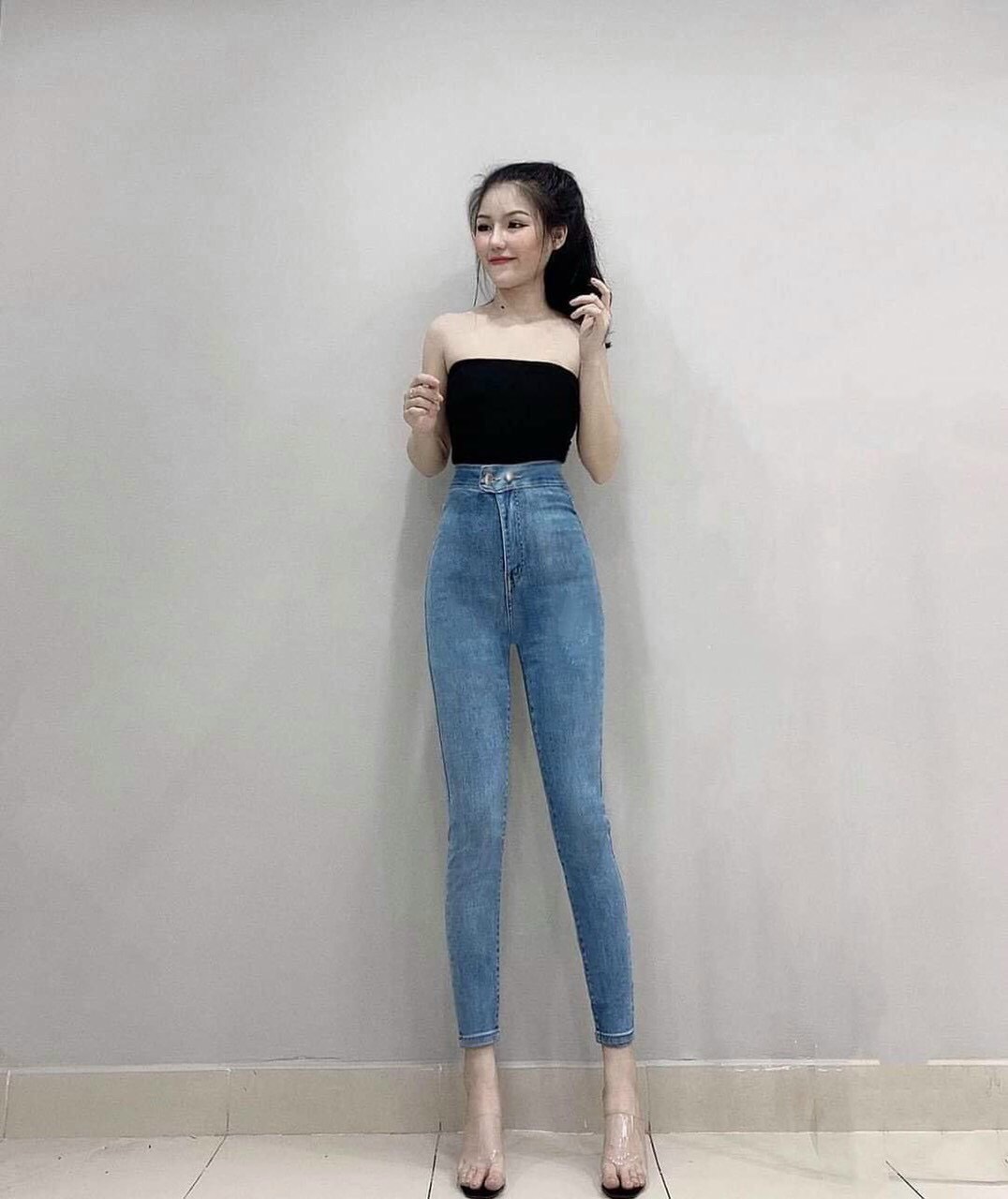 [HCM]Quần Jean Nữ Quần Bò Nữ Lưng Cao Siêu Tôn Dáng  form chuẩn ống quần bó Màu Xanh (trơn) siêu hot thời trang nữ cao cấp chất vải đẹp mê ly co dãn siêu thoải mái LANDMART - QJ050
