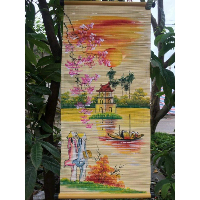 Tranh phong cảnh vẽ trên mành tre (mẹt tre) treo tường đẹp-LH 0978945425