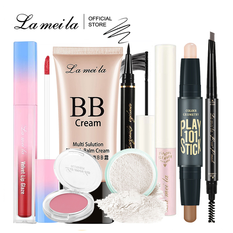 Bộ trang điểm Lameila 8 món đầy đủ set trang điểm bộ trang điểm cá nhân Phấn phủ Kem BB Mascara Phấn má hồng Bút tạo khối Bút dạ kẻ mắt Chì kẻ mày Son kem
