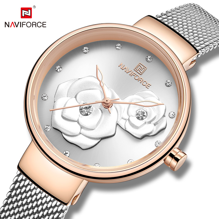 NAVIFORCE 5013 Rose Dial Design Luxury Steel Mesh Belt Bracelet Watches Japan Movement Ultra-Thin Casual Wristwatch Quartz Clock