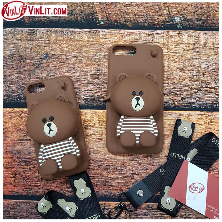 Ốp lưng Iphone ốp dẻo silicon hình gấu Brown có khoá kéo kèm dây đeo siêu dễ thương - IPP190824A2I7P
