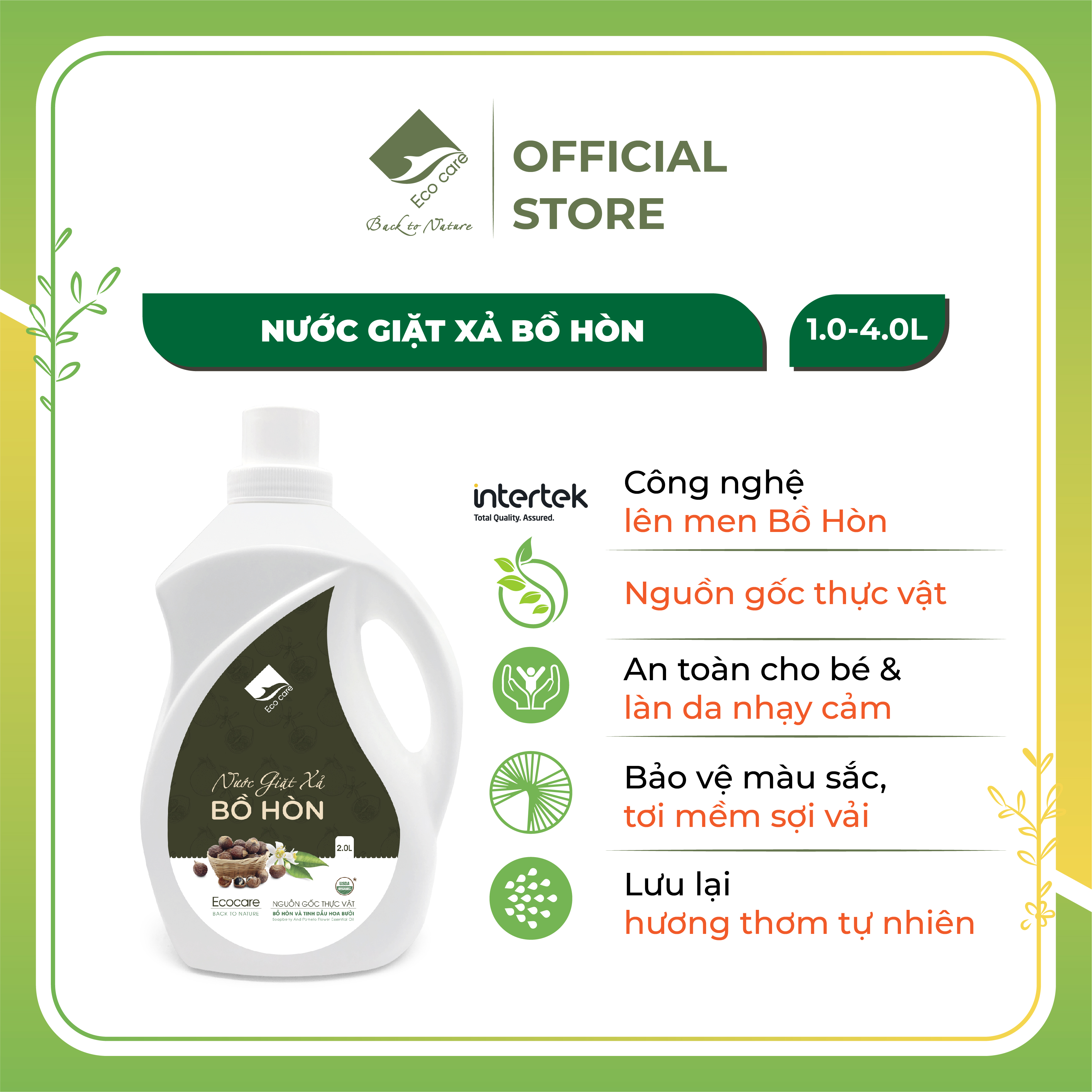 Nước giặt xả Hữu cơ Bồ hòn Ecocare tinh dầu hoa bưởi, Nước giặt hữu cơ tự nhiên kiêm nước xả vải