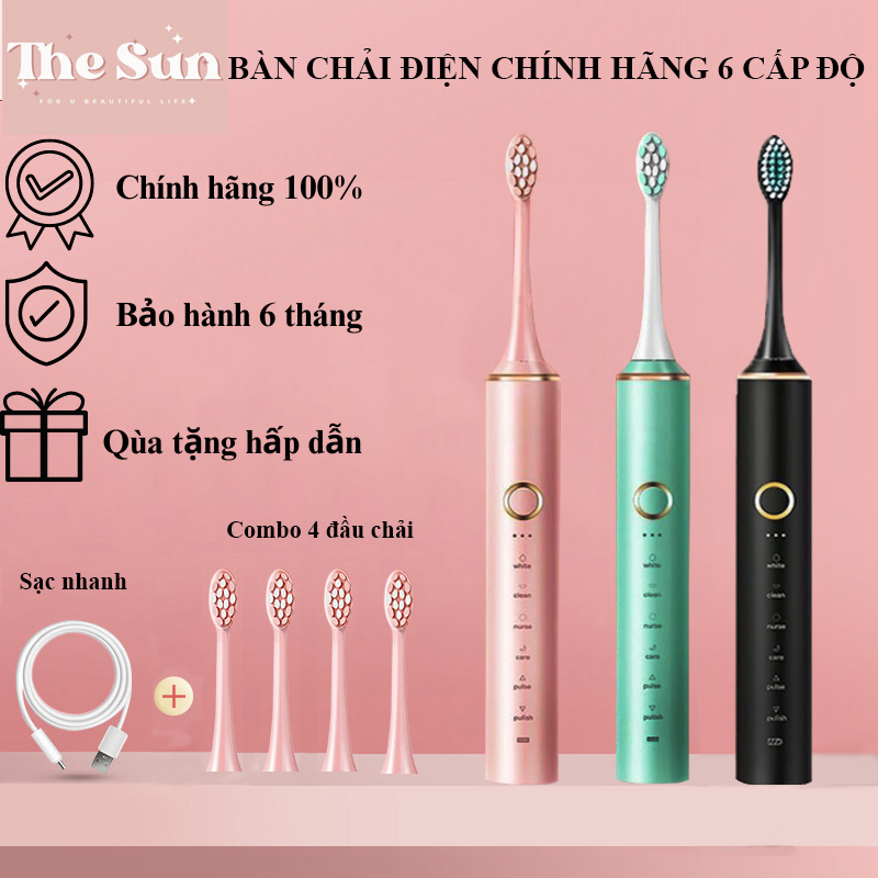 Bàn chải điện thế hệ mới tự động chính hãng - bàn chải đánh răng điện lông mềm cao cấp - máy đánh răng 6 chế độ chải bay mảng bám tặng kèm 4 đầu chải