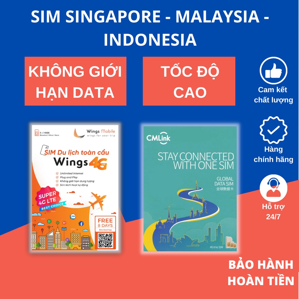 Sim Singapore, Malaysia, Indonesia du lịch 4G (Sing, Malay, Bali) 3 4 5 6 7 8 9 ngày không giới hạn tốc độ cao