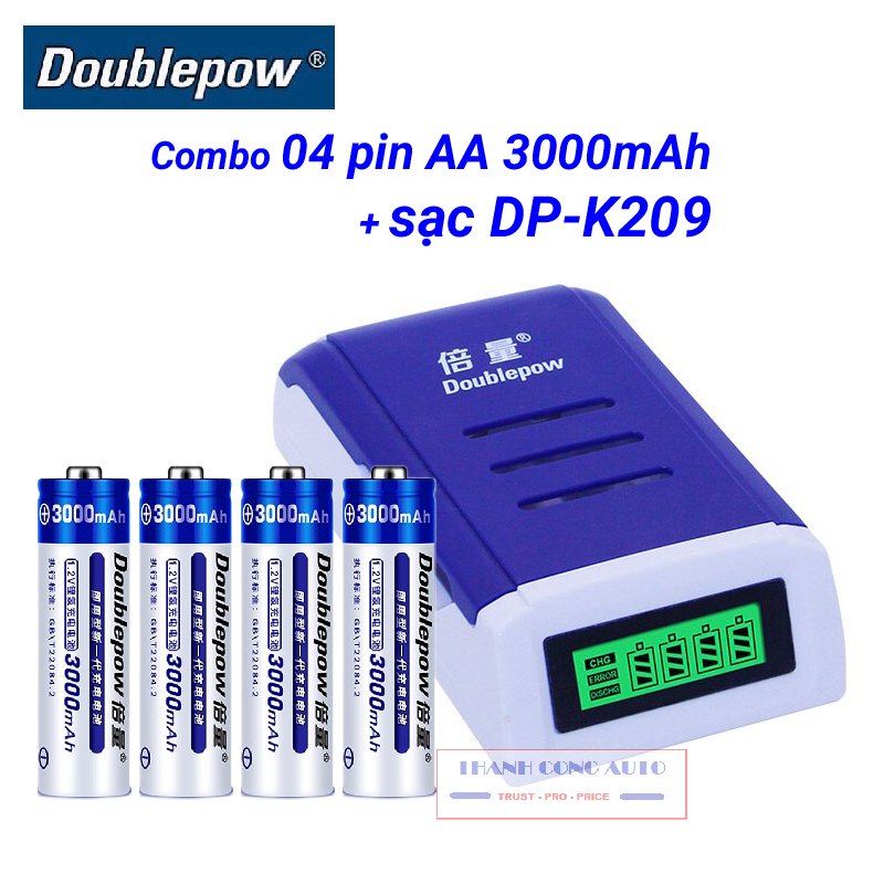 Combo 04 viên pin sạc AA Doublepow 3000mAh và Bộ Sạc Pin AA, AAA K209 Doublepow tự ngắt khi đầy