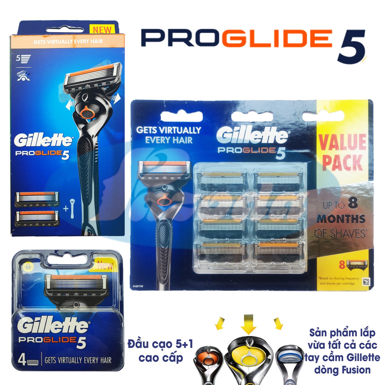 Dao cạo râu 5 lưỡi Gillette Proglide5 và hộp lưỡi thay thế (tay cầm xoay chiều và đầu cạo 5+1)