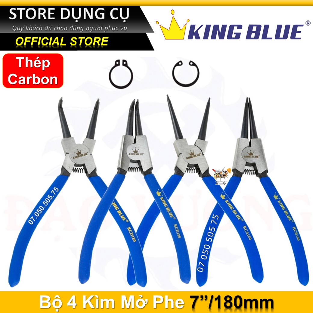 7"/180mm bộ 4 kìm mở phe trong, phe ngoài, mũi thẳng, mũi cong kìm phanh cao cấp kingblue kca180 kcb180 kcd180 kce180