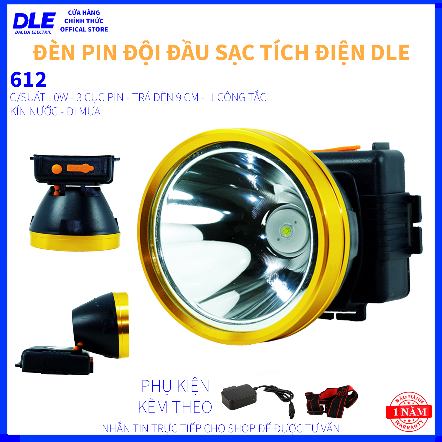 ĐÈN PIN ĐỘI ĐẦU 612 - 3 CỤC PIN - NHẬP KHẨU THÁI LAN - CHỐNG NƯỚC 10M - ÁNH SÁNG TRẮNG HOẶC VÀNG NHẸ