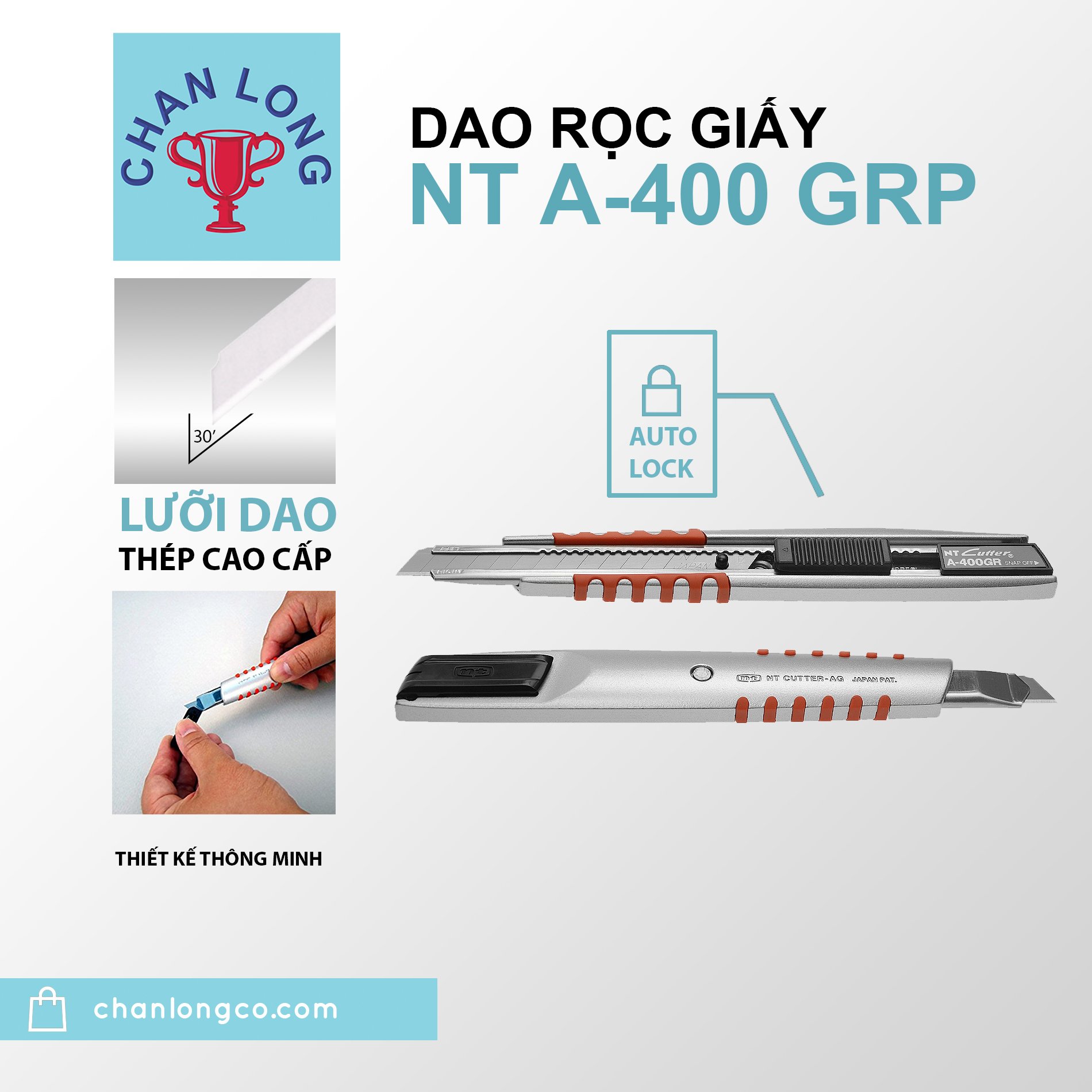Dao cắt,dao rọc giấy chính hãng NT CUTTER A-400GRP nhật bản thân kim loại metan,siêu bén,cắt da,cắt rập,decal,nhựa Vynil