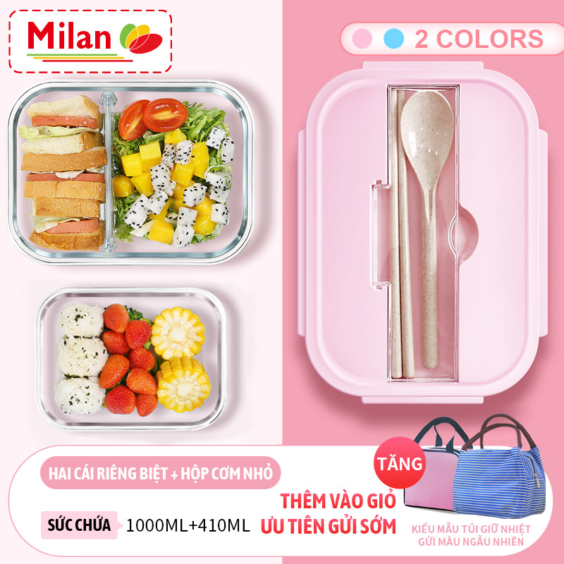 [Túi quà tặng + bộ đồ ăn] Bộ Hộp Cơm thủy tinh chia ngăn Tặng kèm Túi giữ nhiệt + Bộ thìa - Hộp cơm văn phòng - Hộp đựng thức ăn