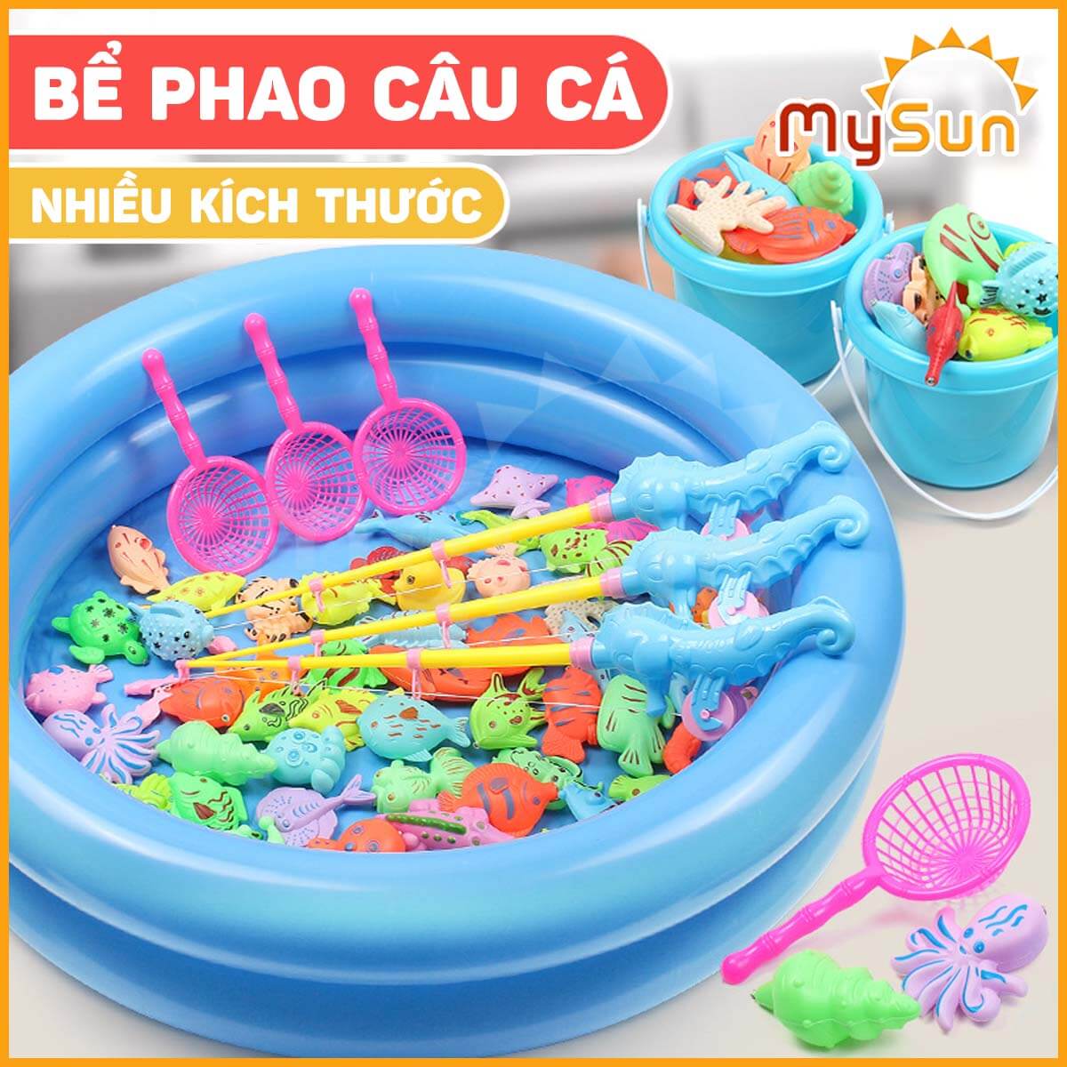 Bộ đồ chơi bể phao cần câu bắt cá nam châm cho bé loại mini - to cỡ lớn MySun