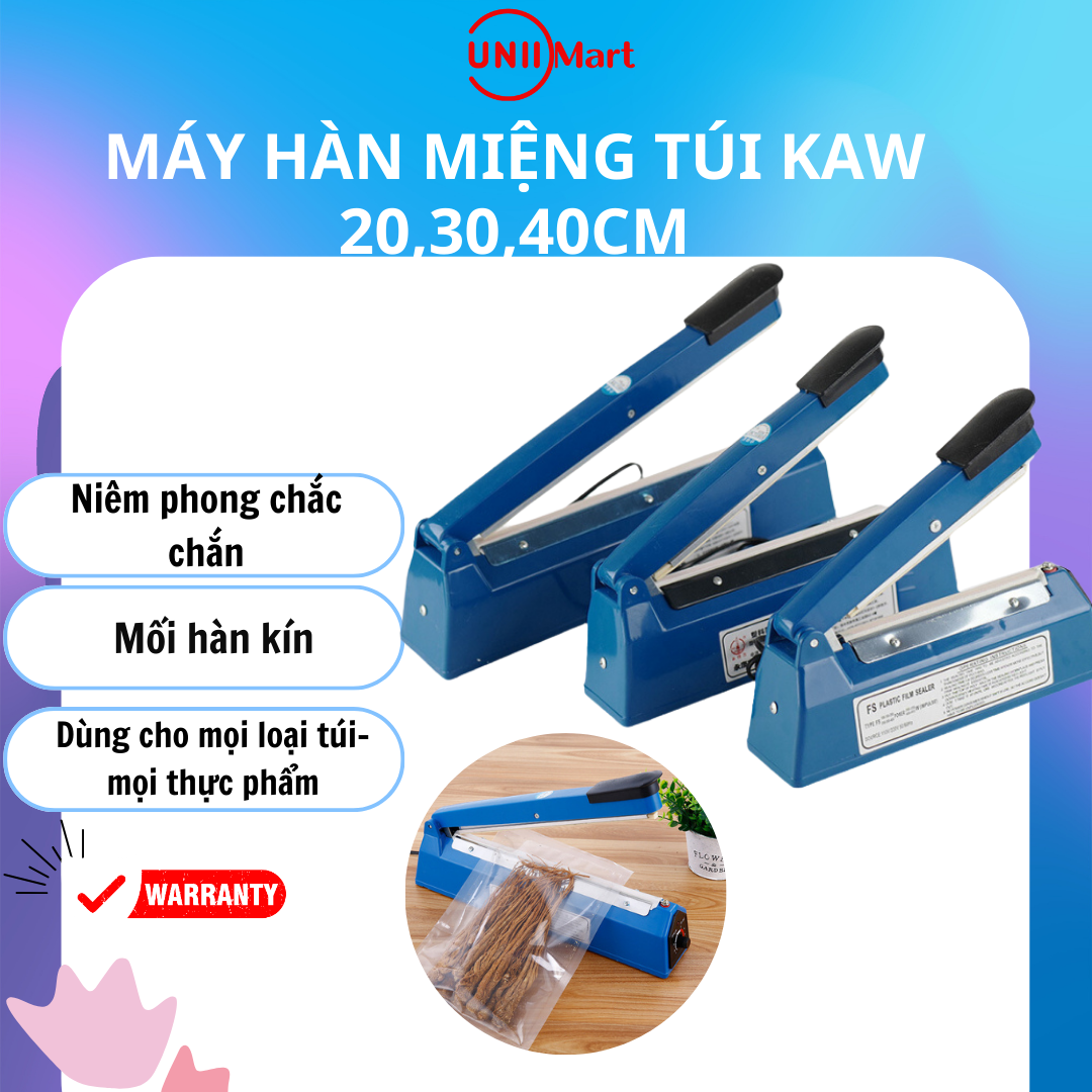 Máy hàn miệng túi dập tay kaw pfs 200 300 400, bảo quản thực phẩm, bọc sản phẩm bán hàng, bảo hành 12 tháng