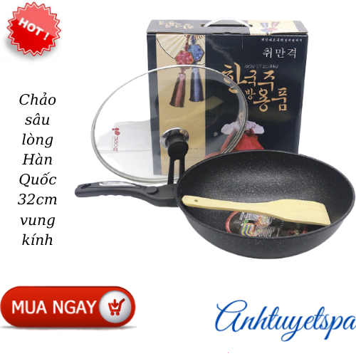 Chảo sâu lòng hàn quốc 32cm vung kính , chảo chống dính vân đá siêu bền hàn quốc sâu lòng có nắp kính size 32cm