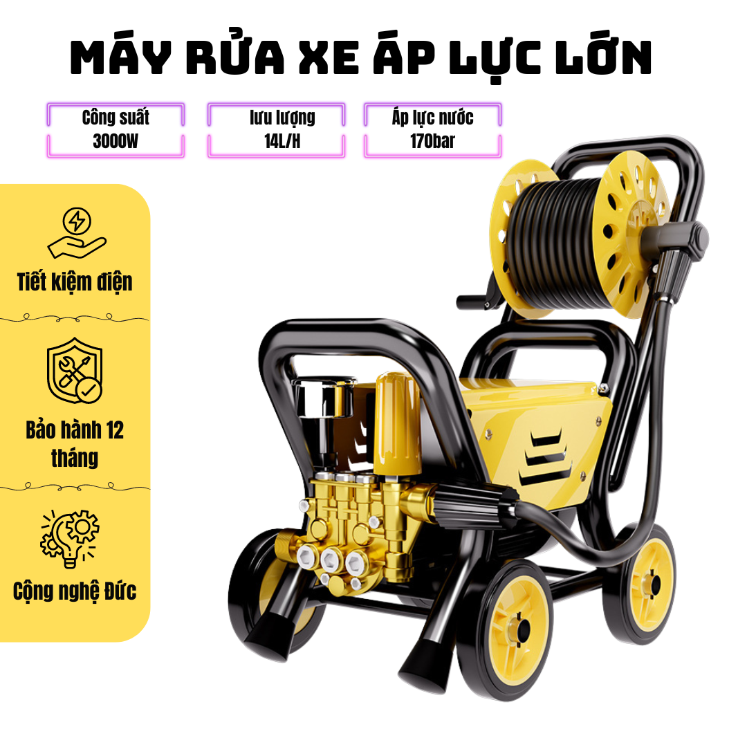 Máy rửa xe áp lực KAW, máy rửa xe lõi đồng, công suất 3000W, dây cao áp dài, tuổi thọ cao, chống giật bảo hành toàn quốc