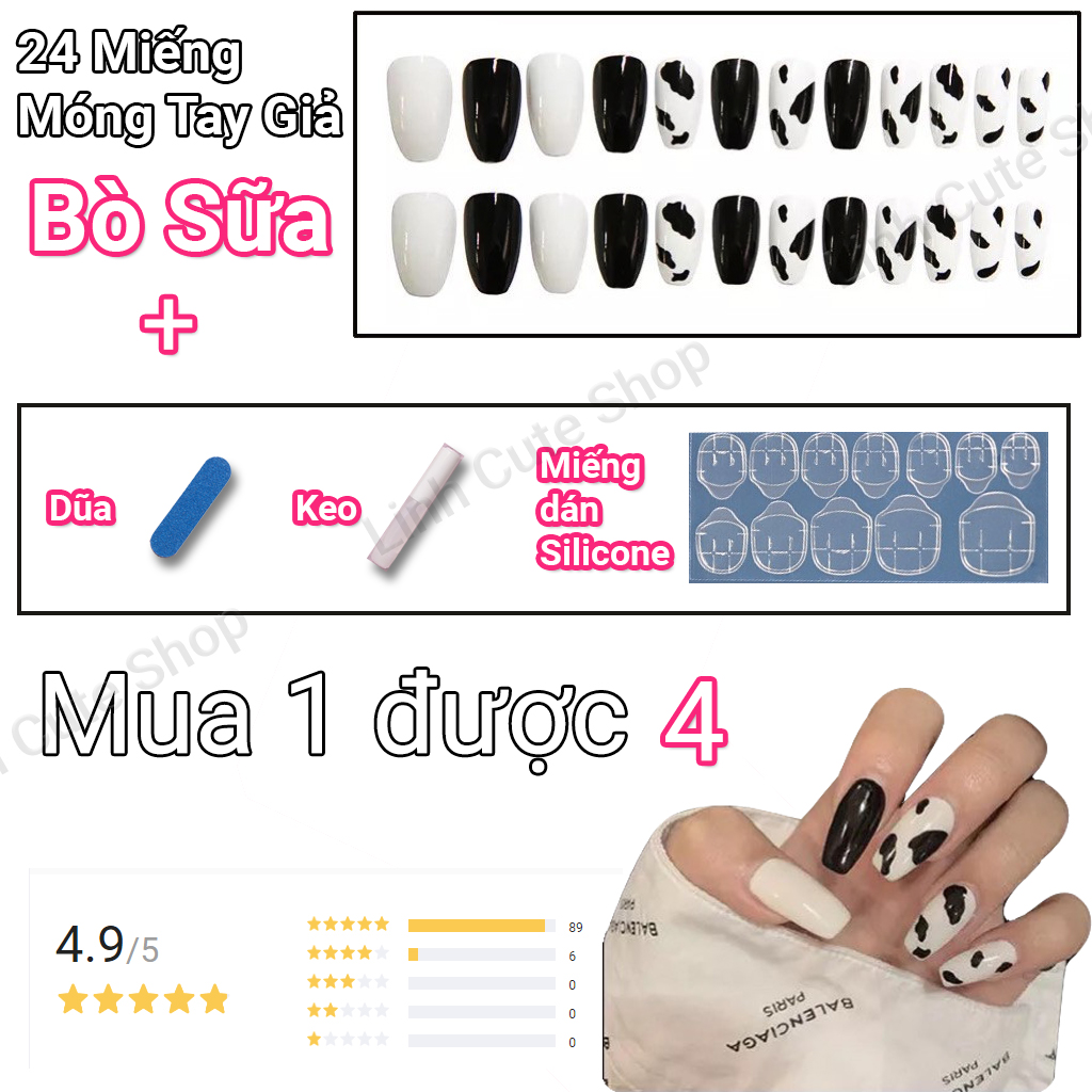 Móng tay giả có keo sẵn Bò Sữa - Combo Hộp 24 móng giả + Dũa + Vỉ dán Silicone + Keo dán móng