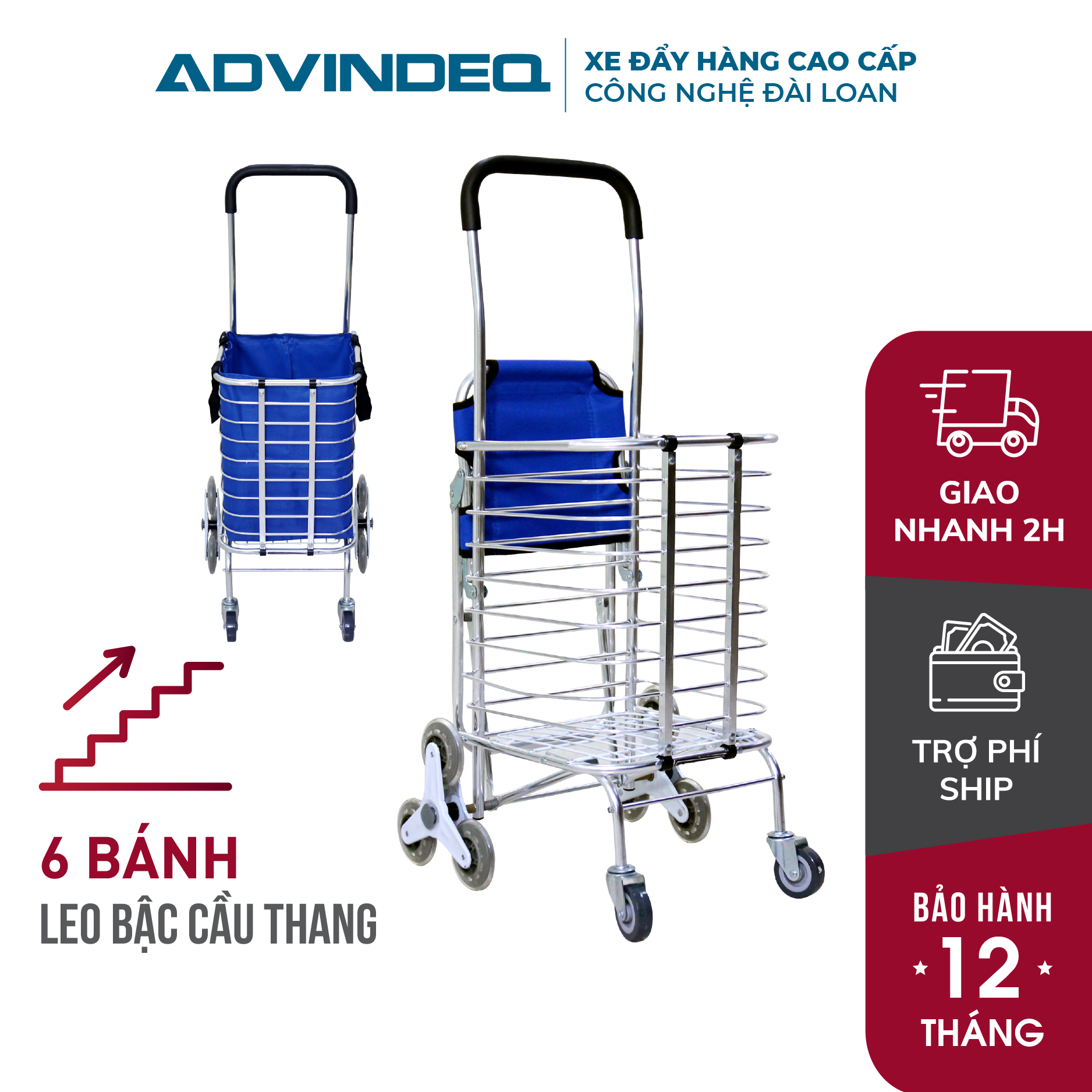 Xe kéo đi chợ, xe leo cầu thang có giỏ, túi gấp gọn Advindeq TL-90CN (chính hãng bảo hành 12 tháng)