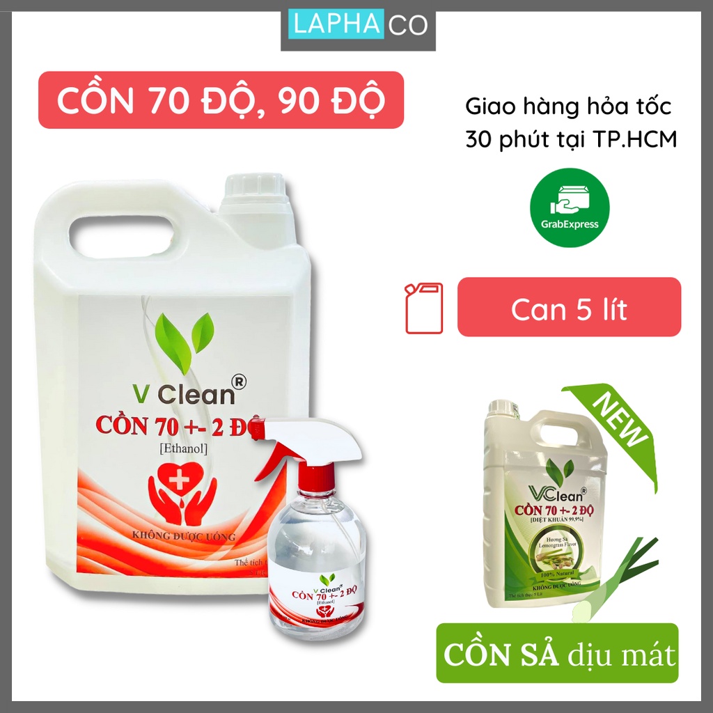 Cồn 70 90 Vclean rửa tay sát khuẩn đủ độ cồn chính hãng nhà máy hương sả 5 lít
