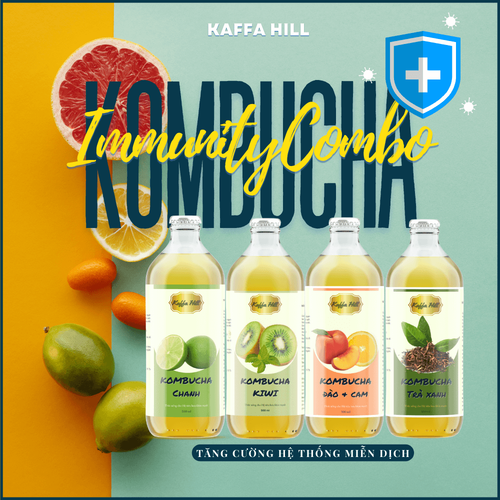 Combo trà kombucha tăng cường miễn dich- cam đào - chanh - kiwi - trà xanh - 04 chai x 500ml - kaffa hill