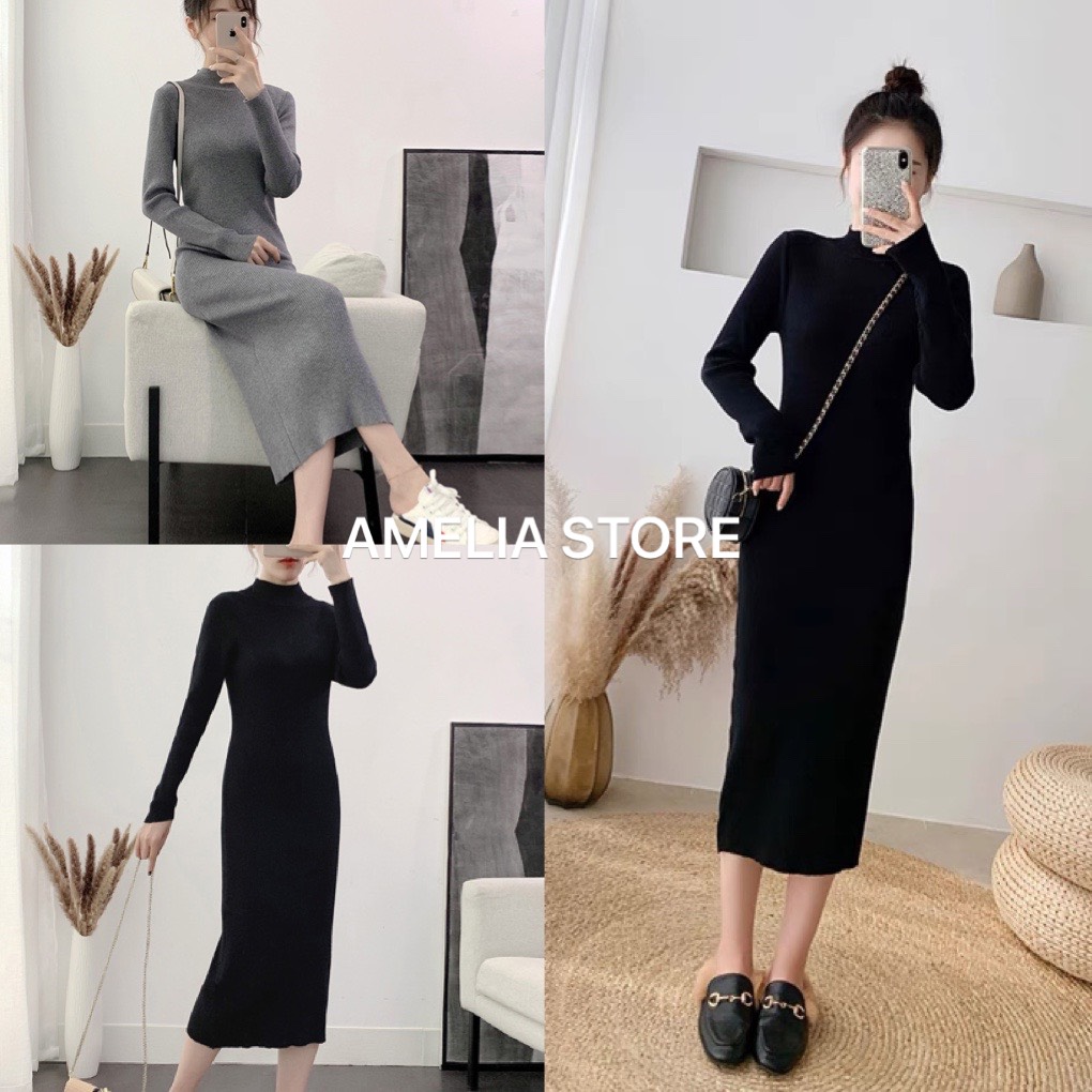 Đầm len ôm body cổ 3 phân dáng dài, đầm len tăm, đầm nữ ôm body sexy, đầm len cao cổ, đầm body nữ sexy, đầm body nữ dáng ôm, đầm body cổ lọ, đầm len suông, đầm nữ dự tiệc thời trang hàn quốc, AMELIA