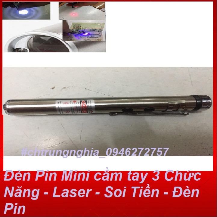 Đèn pin mini cầm tay 3 chức năng - laser - soi tiền - đèn pin