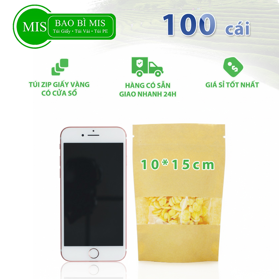 100 cái túi zip MIS size 10x15cm Túi giấy kraft vàng có cửa sổ, túi giấy đựng thực phẩm có zipper chất lượng cao