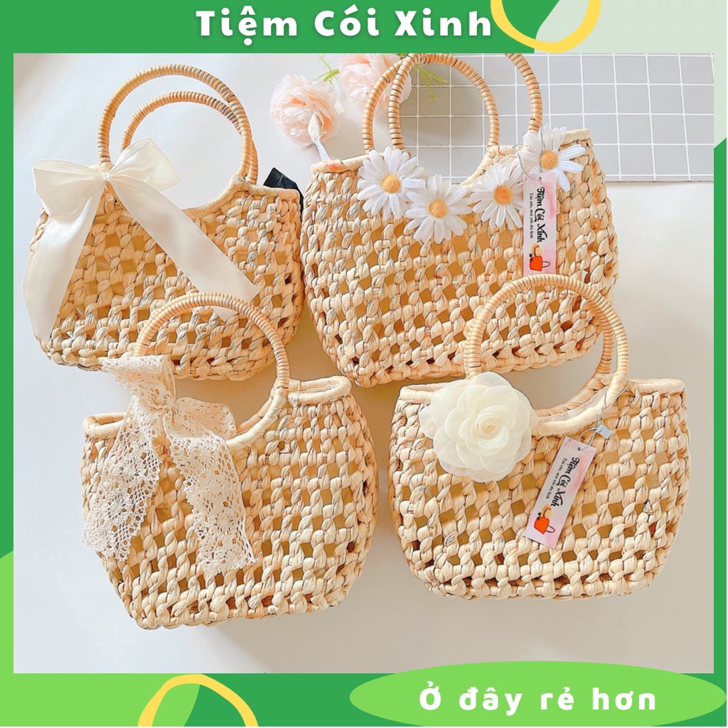 Túi xách cói lục bình size nhỏ đan gắn hoa vintage đi biển siêu xinh
