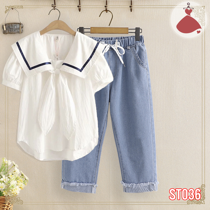 ST036 Sét áo Sơ mi cổ bèo vuông mix jean ống suông xinh xắn SOBIN Big Size, áo sơ mi nữ, quần jean nữ