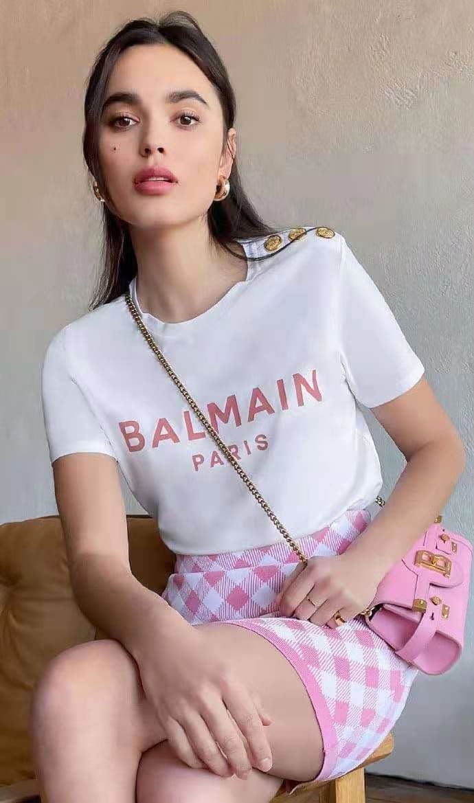 FMHH ☁▬☃ freesiaes 22ss Sản phẩm của Balmain/balmain dập nóng logo bạc nút vàng áo thun ngắn tay