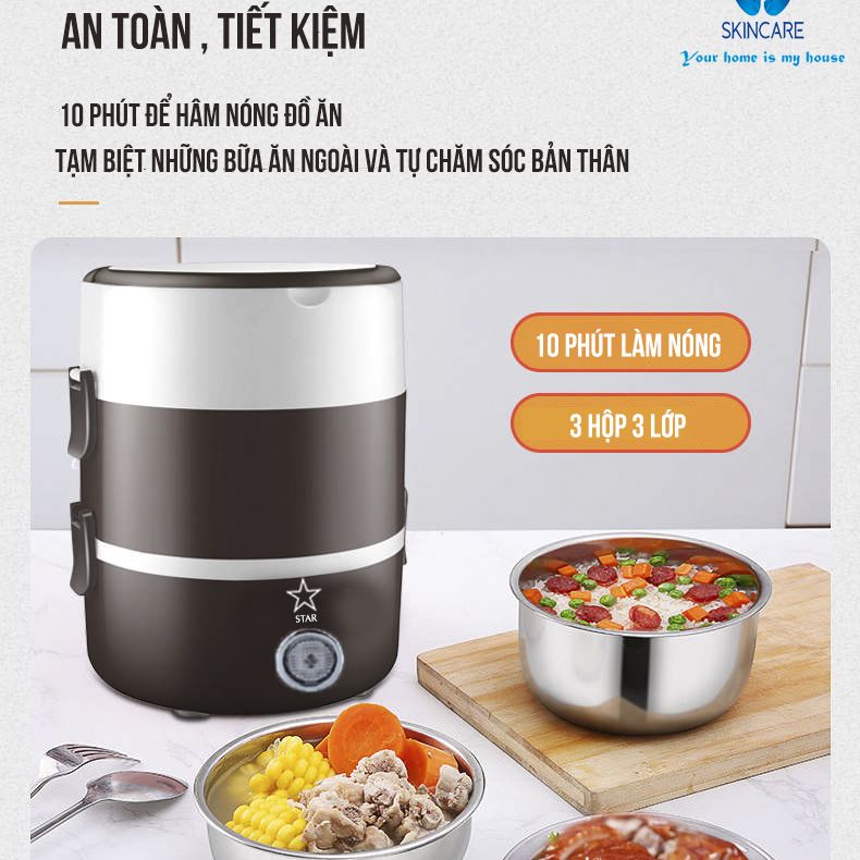 Hộp cơm hâm nóng cắm điện 3 tầng inox - cặp lồng ủ cơm 3 tầng inox cắm điện - hộp cơm văn phòng - nồi cơm điện mini - hộp giữ nhiệt 4in1