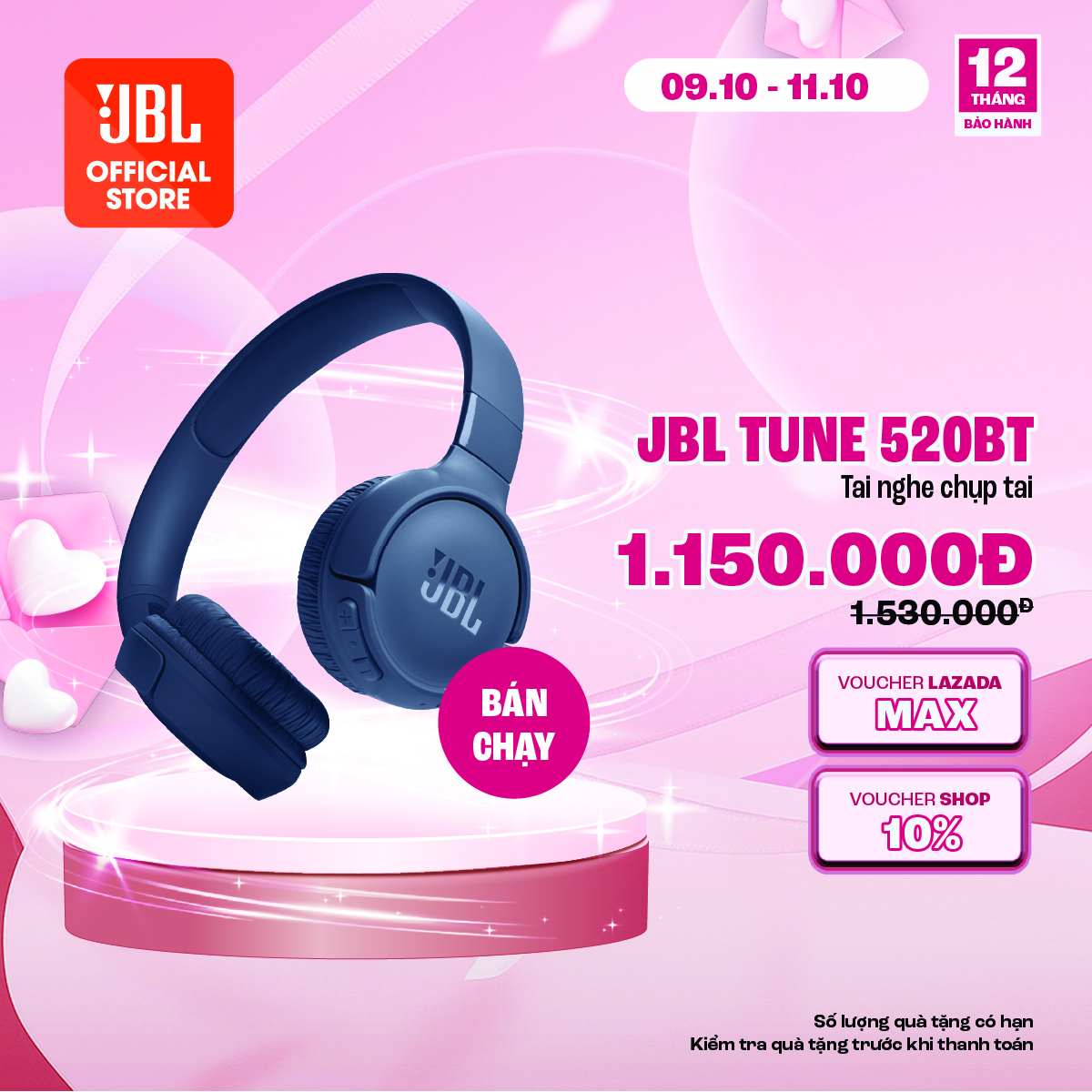 Tai nghe chụp tai Bluetooth JBL Tune 520BT - Đen, Xanh dương, Trắng, Tím