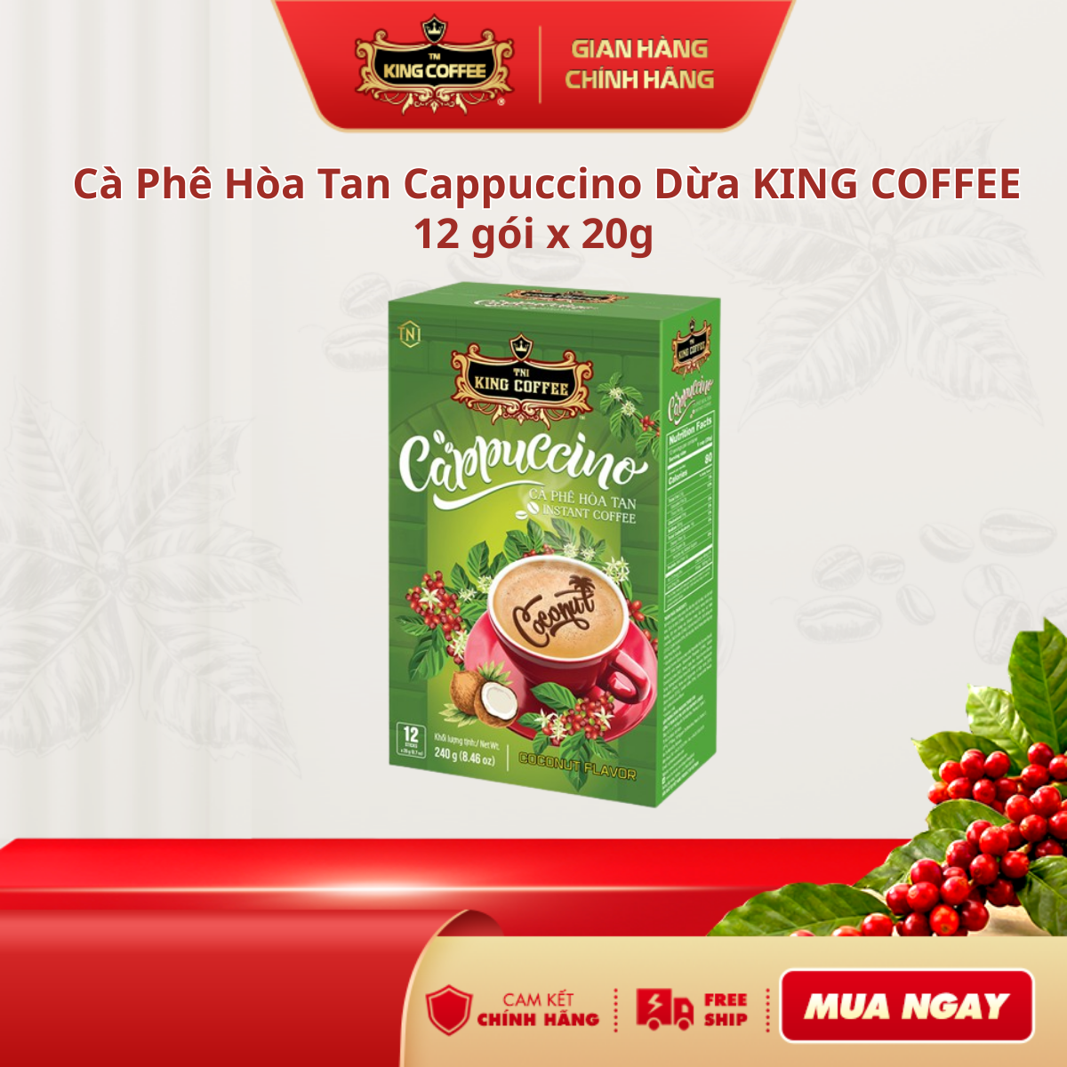 Cà phê hòa tan cappuccino king coffee - hộp 12 gói x 20g - hương vị dừa với lớp bọt kem cực mịn