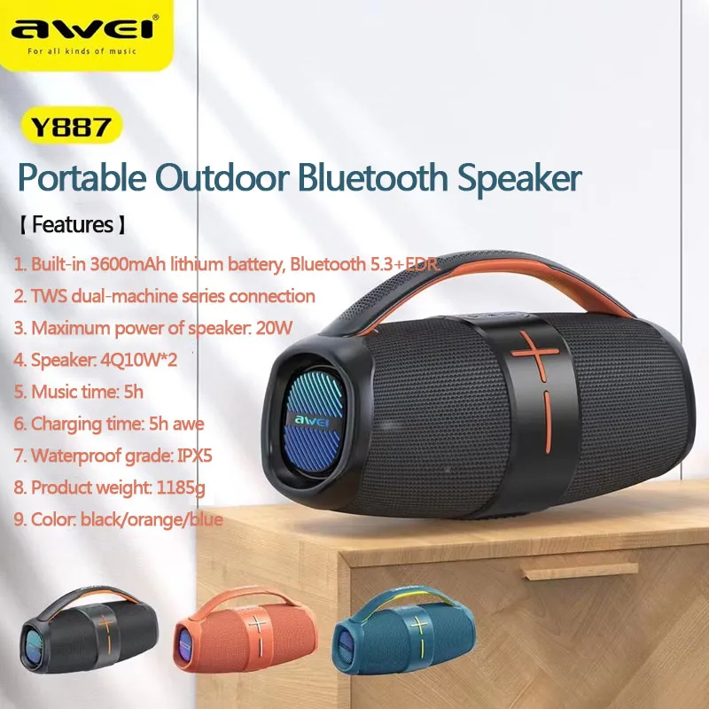 Awei Y887 xách tay loa bluetooth ngoài trời bass không dây loa siêu trầm Loa chống thấm Aux USB TF loa âm thanh nổi Hộp âm thanh