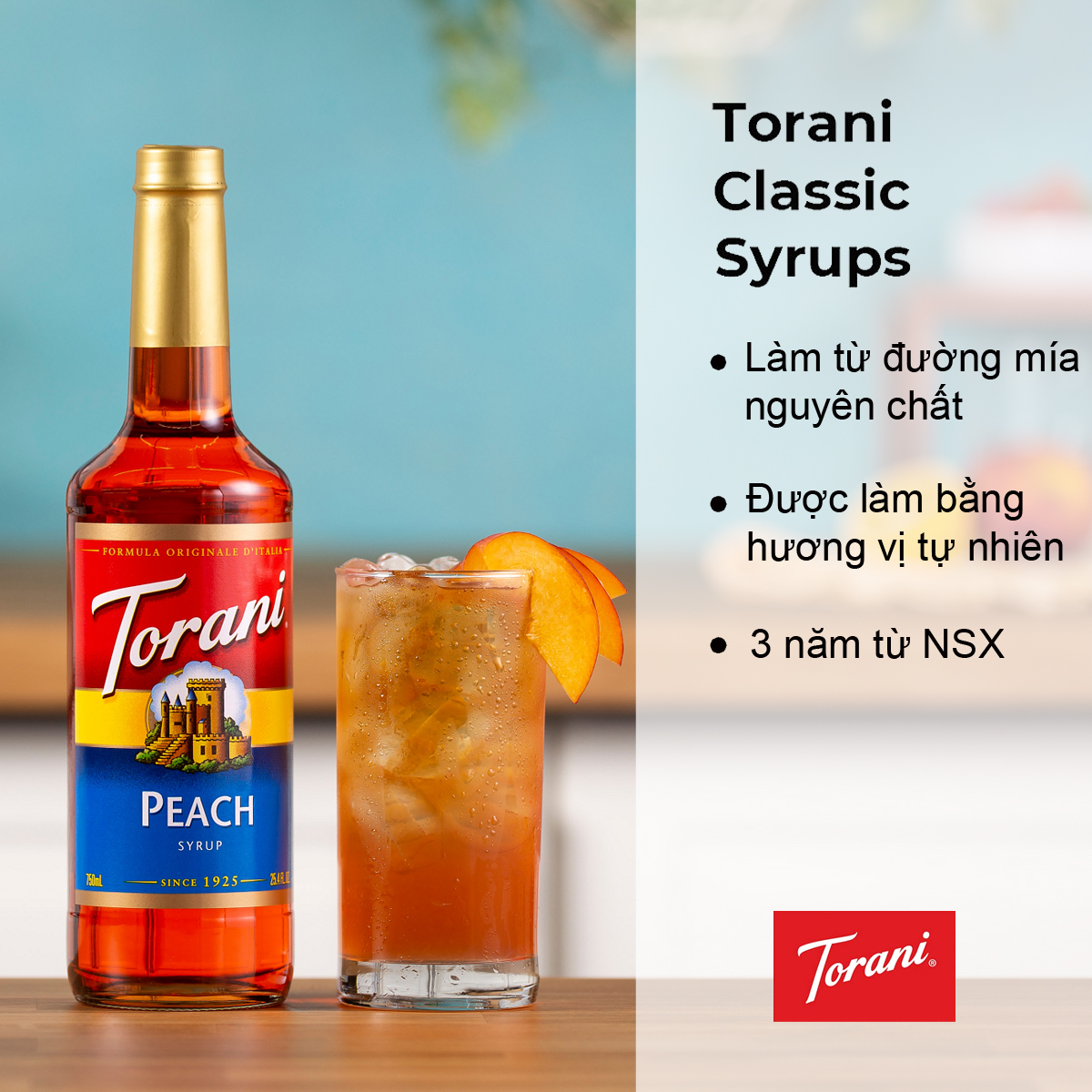 Siro pha chế vị đào đỏ torani classic peach syrup 750ml mỹ