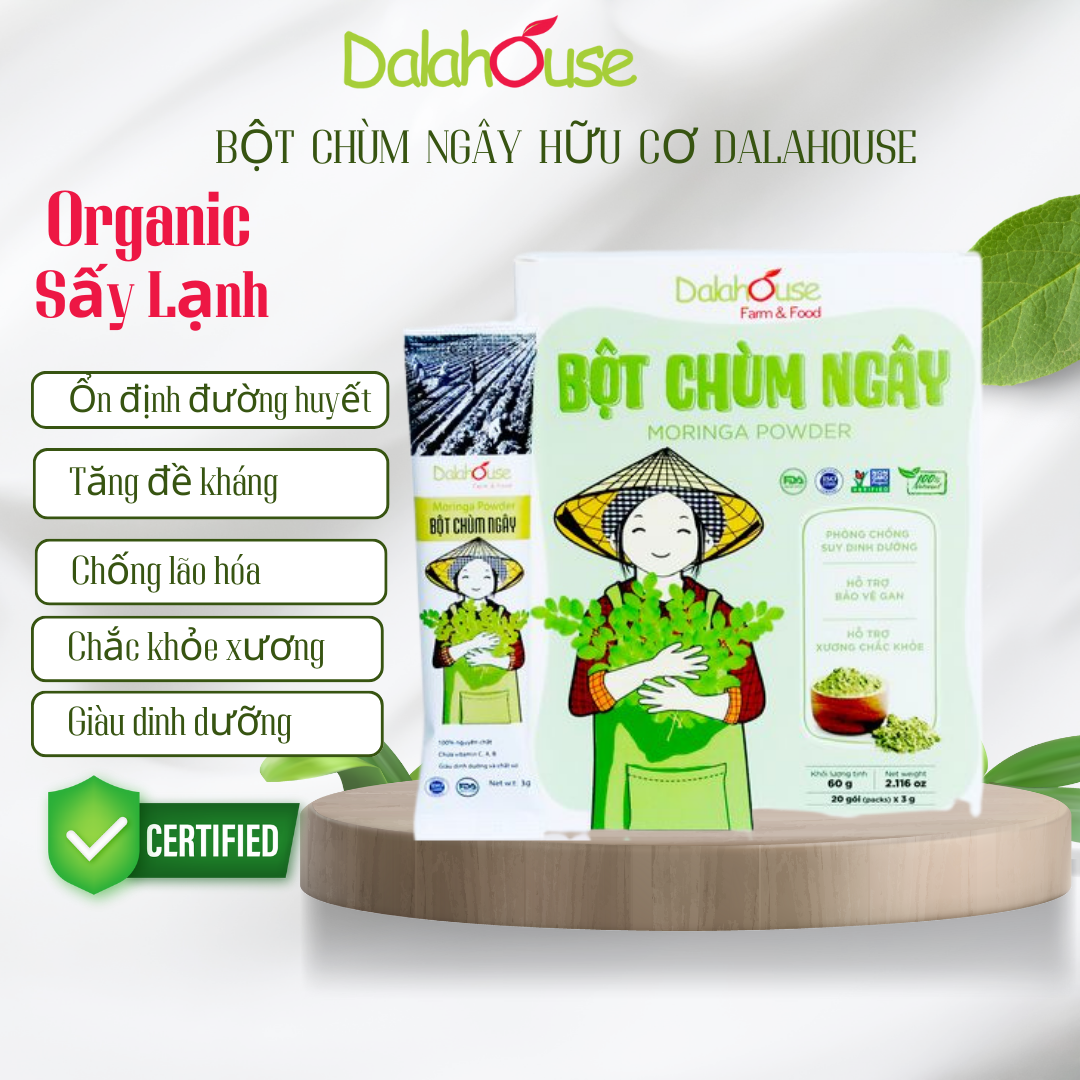 Bột Chùm Ngây Dalahouse - Bột Chùm Ngây Hữu Cơ Nguyên Chất Sấy Lạnh Dalahouse - Hộp 60g (20 gói tiê