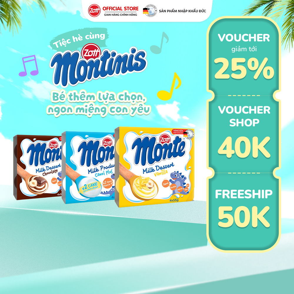Giao Hoa Toc - Combo Mix 3 Blister Packs of Zott Monte Milk Cream with Vanilla - Chocolate - Classic Flavors Imported from Germany (Blister Pack - 55g X 4 Jars)