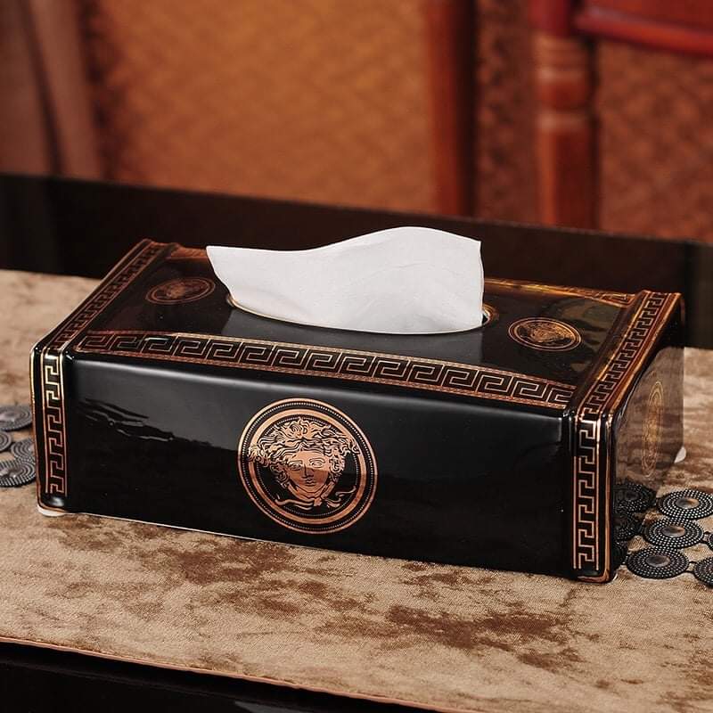 Hộp đựng giấy ăn versace bằng sứ chữ nhật màu đen viền vàng cao cấp