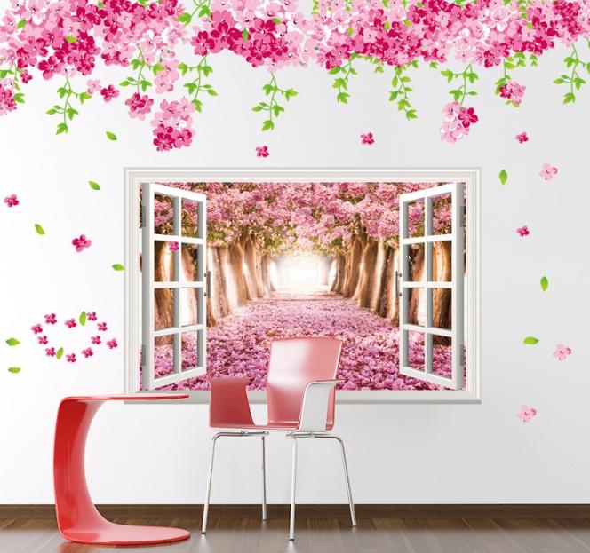 Decal dán tường Cửa sổ tán hoa anh đào- P32-vivadecal