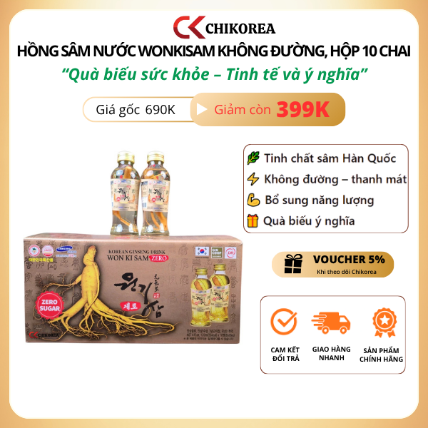 Nước Sâm Củ Won Ki Sam Không Đường Hàn Quốc, Hộp 10 Chai, Bổ Sung Năng Lượng Mỗi Ngày, Chikorea