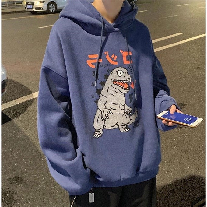 Áo Hoodie Nỉ Thu Đông Dài Tay Mũ Trùm Đầu Họa Tiết Khủng Long Phong Cách Trẻ Trung Thời Trang