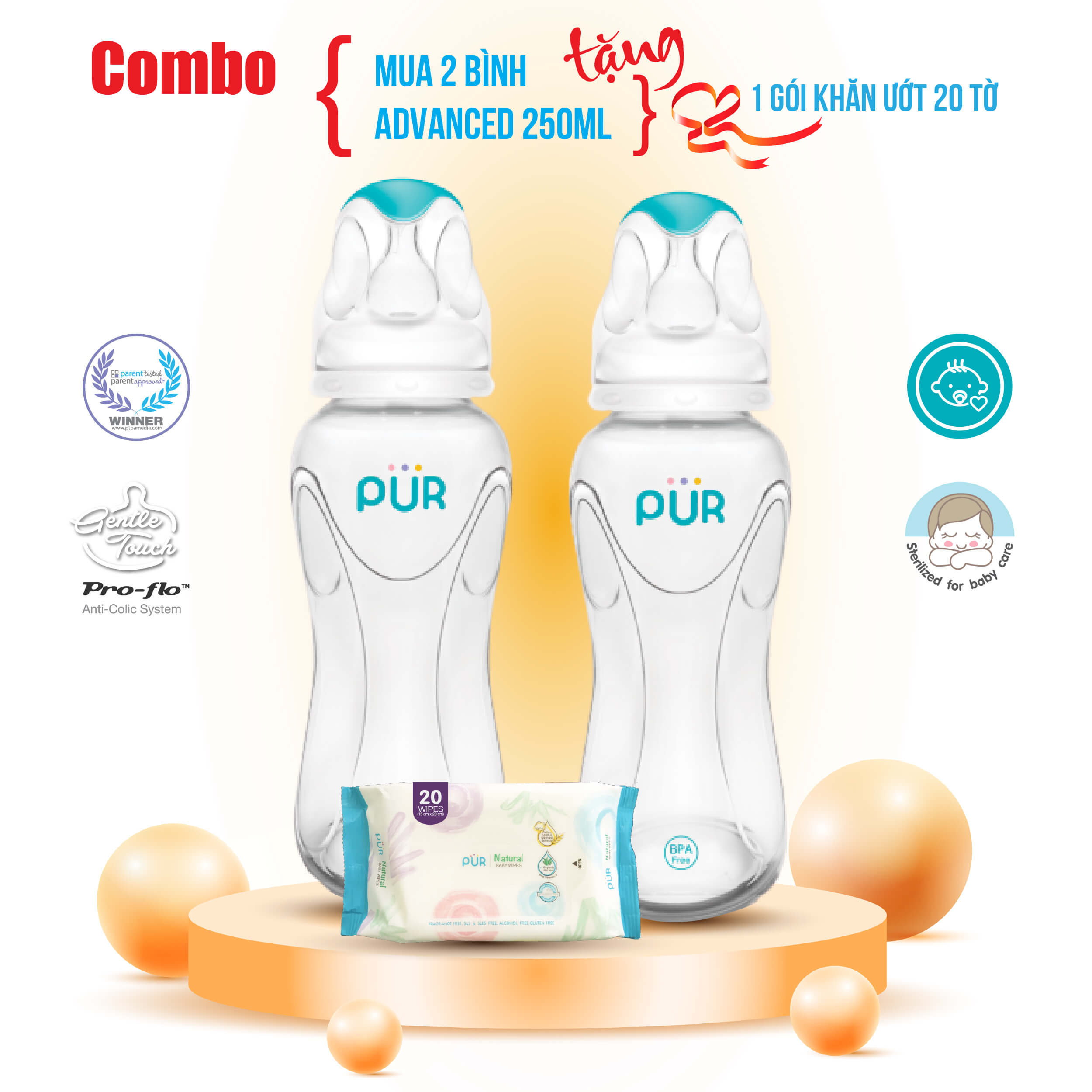 Combo 2 bình Pur Advanced 250ml - Tặng gói khăn ướt Pur